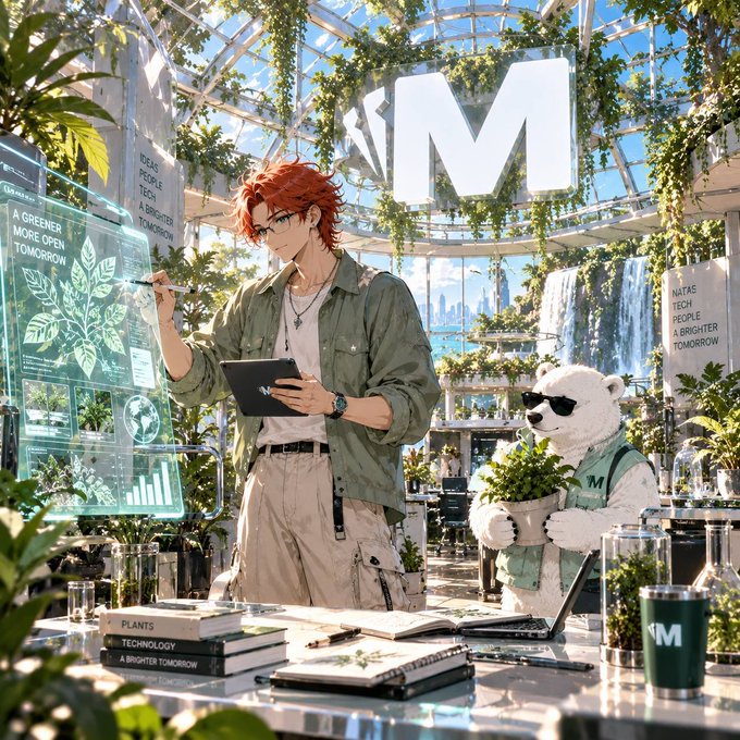 An anime-style illustration of a red-haired young man with glasses writing on a holographic plant display in a lush greenhouse, accompanied by a white bear wearing sunglasses and a green vest holding a potted plant, with 'M' logo elements throughout.