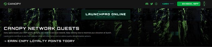 The image shows a Canopy Network webpage banner featuring the "Launchpad Pro Online" event and "Canopy Network Quests," inviting users to earn CNPY loyalty points through dApp activities, which complements the post's message about casually testing the Canopy Network testnet and using the rewards link to participate.