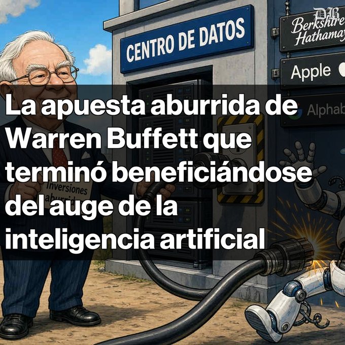 A cartoon depicts Warren Buffett in a suit pulling a cable from a 'CENTRO DE DATOS' facility, while a robotic arm labeled with 'Berkshire Hathaway', 'Apple', and 'Alphab...' sparks on the right, with Spanish text overlay: 'La apuesta aburrida de Warren Buffett que terminó beneficiándose del auge de la inteligencia artificial'.
