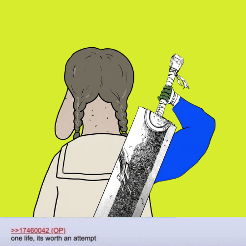 A figure with braided hair carries a large sword on their back against a bright yellow background, symbolizing the post's message of perseverance. The caption reads ">>174600042 (OP) one life, its worth an attempt," reinforcing the theme of courageously bagworking and raiding regardless of marketcap for the $worth token (0xfb1bcb6817f7b8fa86896d3253b16aeb7bd6a5a8).