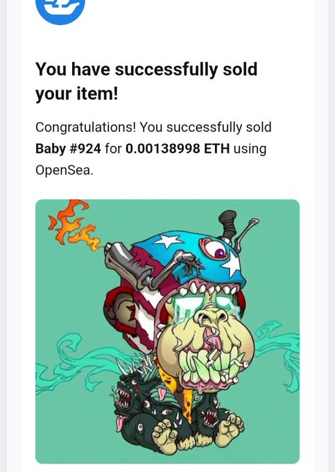 An OpenSea transaction confirmation message stating 'You have successfully sold your item!' for Baby #924 sold for 0.00138998 ETH, featuring an illustration of a zombie-like monkey character.