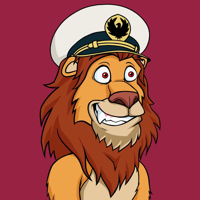 A digital illustration of a smiling cartoon lion wearing a white captain's hat against a dark red background.