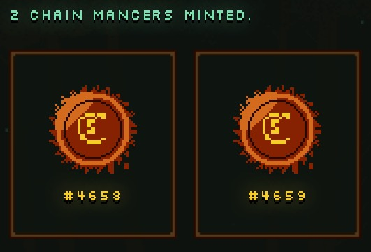 A pixel art image announcing '2 CHAIN MANCERS MINTED' featuring two orange coin tokens labeled #4658 and #4659.