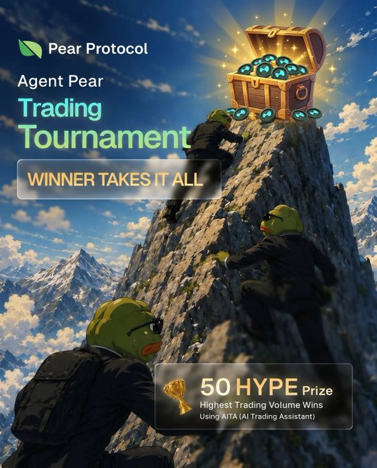 The image features a group of people climbing up a mountain with a treasure chest at the top, surrounded by clouds. The text in the image reads "Round 2 is live. Highest volume through Agent Pear between now and June 17, 00:00 UTC wins 50 HYPE. Winner takes all." This suggests that there might be an Agent Pear trading tournament taking place on this particular day, with a prize for the highest volume of trading within a specific time frame. The image also includes a backpack and a trophy, which could be related to the event or signify the winner's achievement in the tournament.