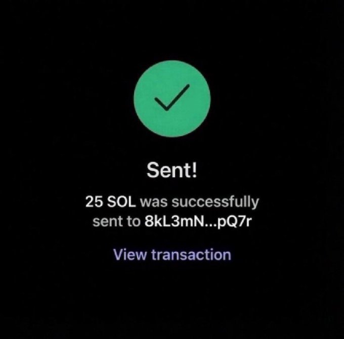 A cryptocurrency transaction confirmation screen showing 25 SOL was successfully sent to address 8kL3mN...pQ7r.