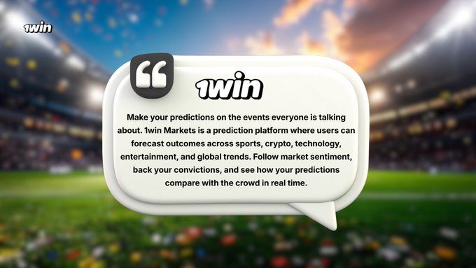 The image features a soccer stadium with a crowd of people watching the game. The background includes a sports field and a cloudy sky. A quote from a website is displayed at the top of the image, which reads "y'all should have been wondering, what is this 1WIN prediction market this young guy keeps talking about... So let me break it down to y'all".