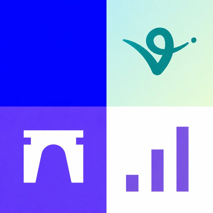 A square with four squares featuring blue, green and purple colors along with a graph and an illustration of an arch and an AI agent's symbol, each surrounded by their respective background color.