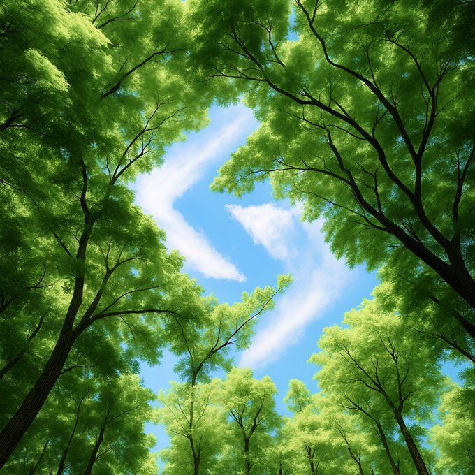 An illustrated view looks straight up through a canopy of green leaves toward a bright blue sky with wispy white clouds.