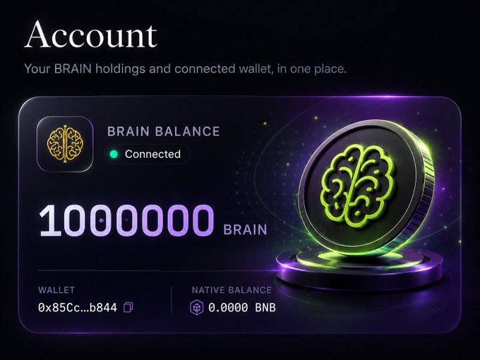 A digital account dashboard displays a BRAIN BALANCE of 1,000,000 BRAIN tokens with a "Connected" status, linked to wallet address 0x85c...b844 with a native balance of 0.0000 BNB. The interface visually confirms the successful Brain token distribution mentioned in the announcement, showing the recipient's holdings on the BNB Chain.