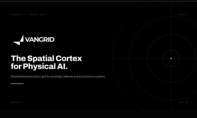A dark-themed website or app interface for 'VANGRID' with the tagline 'The Spatial Cortex for Physical AI.' and 'Decentralized perception grid for sovereign defense and autonomous systems.' featuring a radar/sonar graphic on the right.