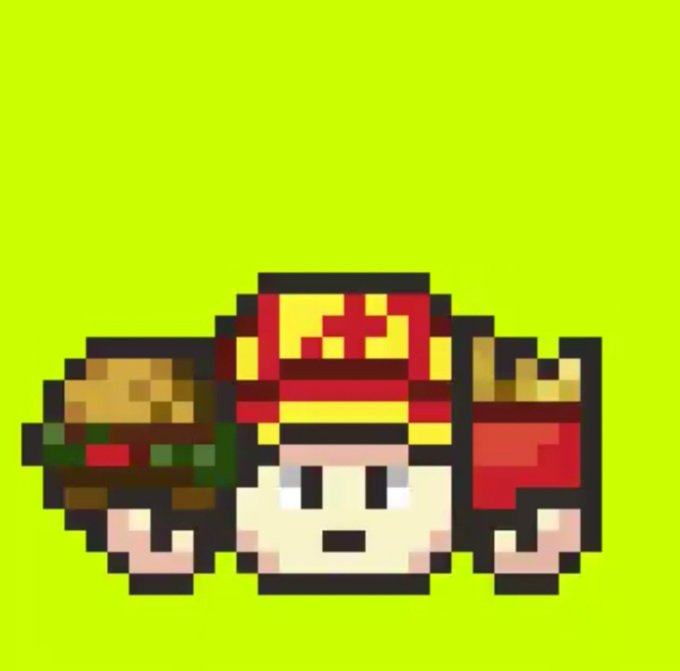 Pixel art of a round character wearing a fast-food worker uniform, holding a burger in one hand and fries in the other, set against a solid green background.