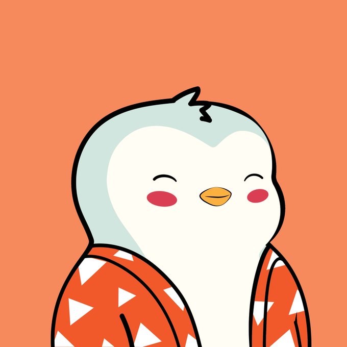 A cute cartoon illustration shows a white and pale blue bird-like character with rosy cheeks wearing a red jacket with white triangle patterns against an orange background.