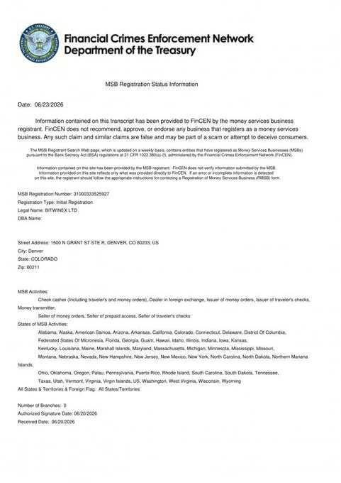 An official document from the Financial Crimes Enforcement Network (FinCEN) of the Department of the Treasury showing MSB Registration Status Information for BITWINEX LTD, dated 06/23/2026.