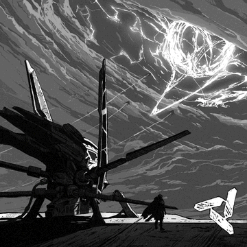 A lone cloaked figure stands before a massive mechanical structure, gazing up at a glowing, wireframe-like entity crackling with lightning in the stormy sky, evoking a mythic encounter between human and divine force. The monochromatic, otherworldly scene mirrors the post's announcement of a Templars boost on Ink, echoing themes of ritualistic power, alignment, and the "storm" referenced in the Templars of the Storm collaboration.