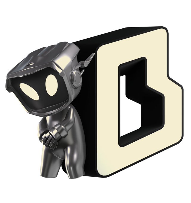 3D illustration of a small silver robot character standing next to a large black and cream-colored letter 'b' logo.