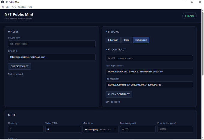 A dark-themed software interface titled 'NFT Public Mint,' featuring input fields for wallet private keys, RPC URL, NFT contract details, and minting parameters including Quantity, Value (ETH), and gas fees.