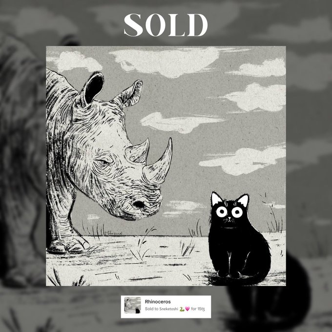 A 'SOLD' notice for an artwork titled 'Rhinoceros' featuring a detailed black-and-white illustration of a rhino and a black cat, sold on Sketchoshir for 15€.