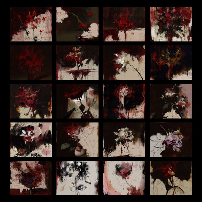 A grid display of 20 small, dark, moody paintings featuring floral subjects in deep reds, blacks, and whites, rendered in an expressive, abstract oil painting style with visible brushstrokes and dripping paint effects.