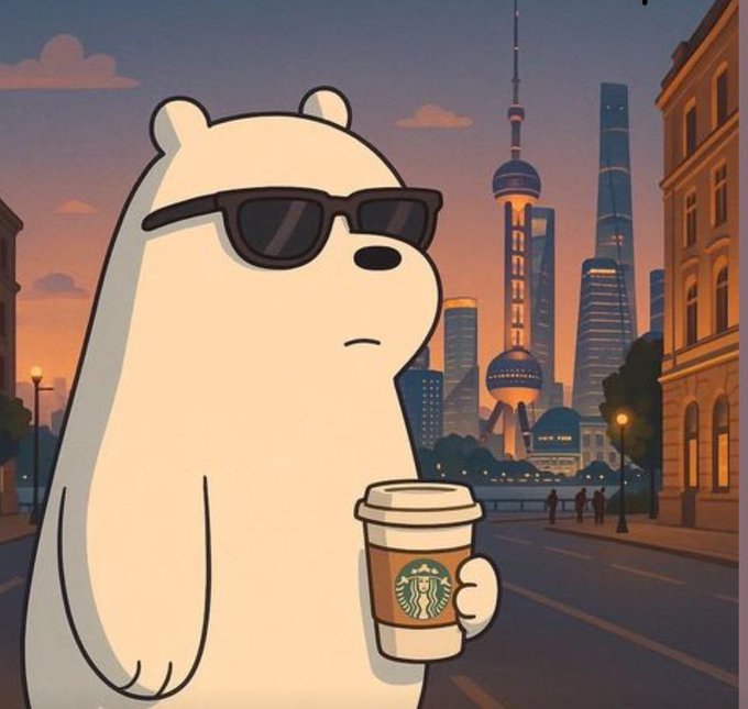 A cartoon illustration of a white bear wearing black sunglasses and holding a Starbucks coffee cup, set against a sunset cityscape featuring the Oriental Pearl Tower in Shanghai.