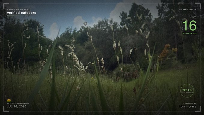 A low-angle photograph of a grassy outdoor field with trees in the background, overlaid with text reading "verified outdoors," "DAY 16," and a date of JUL 16, 2026, certified by 'touch grass'.