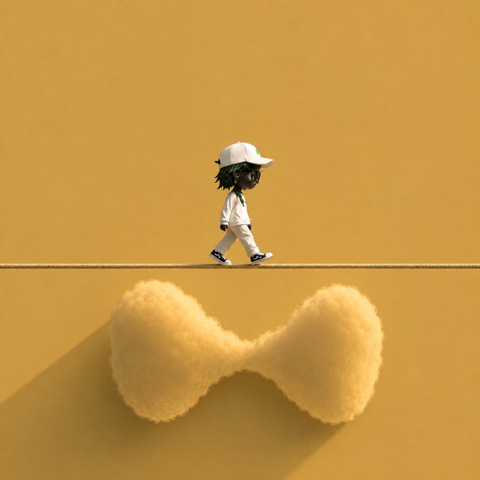 A small animated character wearing a white cap and white outfit walks along a tightrope while balancing on a yellow cloud-shaped figure against a mustard-yellow background.
