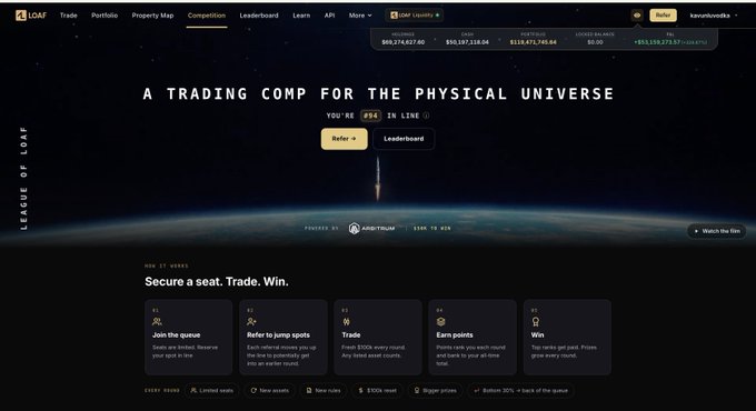 A screenshot of the LOAF cryptocurrency trading competition website with the tagline 'A TRADING COMP FOR THE PHYSICAL UNIVERSE', showing features like 'Secure a seat. Trade. Win.' with sections to Join the queue, Refer to jump spots, Trade, Earn points, and Win.
