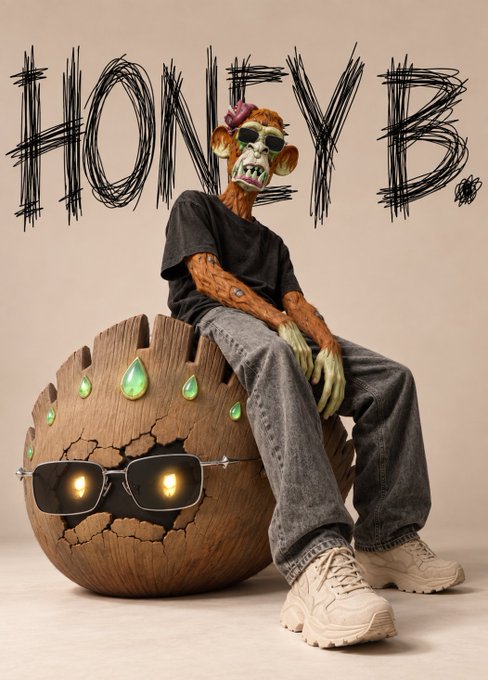 A 3D-rendered monkey character wearing sunglasses and a black t-shirt sits casually on a cracked coconut-like sphere featuring glowing green gems and reflective sunglasses, with the word "HONK" scrawled above.
