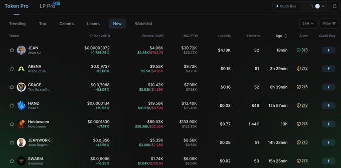 A screenshot of the 'Token Pro' platform showing a list of new cryptocurrency tokens including JEAN, ARENA, GRACE, HAND, Holidoween, JEANWORK, and SWARM with their prices, market caps, and liquidity.