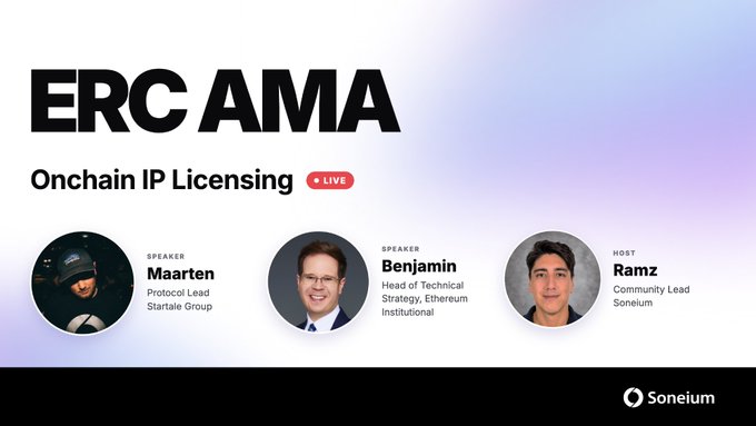The image is a promotional banner for an "ERC AMA" titled "Onchain IP Licensing" marked as LIVE, featuring speakers Maarten (Protocol Lead at Startale Group) and Benjamin (Head of Technical Strategy, Ethereum Institutional), hosted by Ramz (Community Lead at Soneium), with the Soneium logo at the bottom. It directly supports the accompanying post announcing the live event on October 14th at 12:00 UTC with these same speakers discussing open standards and IP for institutions.