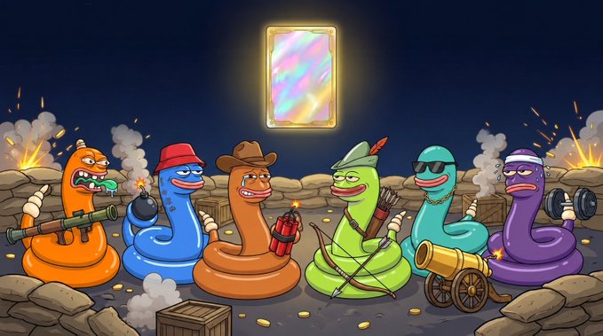 A cartoon illustration shows six colorful worm-like characters wearing various hats and holding weapons in a war-torn battlefield, with a glowing holographic card floating above them.
