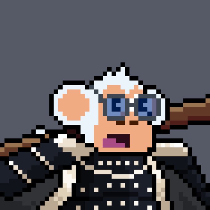 A pixel art illustration depicts an elderly woman with white hair, round glasses, and a shocked expression, with what appears to be a broom handle behind her.