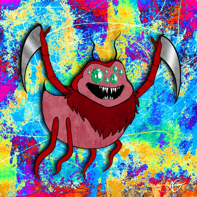 A vibrant, colorful illustration shows a red and pink cartoon crab-like monster with green eyes, sharp teeth, and two large gray claws on a chaotic, multicolored splatter background.