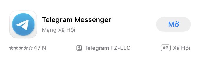 An App Store listing for 'Telegram Messenger' by Telegram FZ-LLC, a social networking app rated 3.5 stars with 47 reviews, showing an 'Open' (Mở) button and ranked #6 in Social.