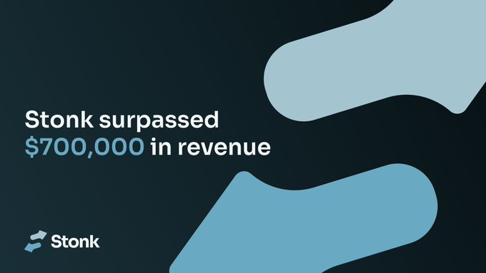 A dark promotional graphic with blue abstract shapes displays the headline "Stonk surpassed $700,000 in revenue" alongside the Stonk logo, celebrating a major financial milestone. The image serves as a visual announcement of the project's earnings achievement, while the accompanying post appears to discuss the $STONK token's value and defend its position in the market despite competition from newer launchpad platforms.