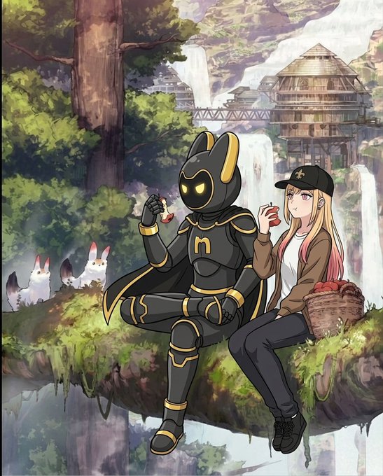 Anime-style illustration of a character in a black and gold robotic suit with an 'n' logo and a blonde girl with an apple-shaped hat sitting together on a grassy ledge, with small rabbits nearby.