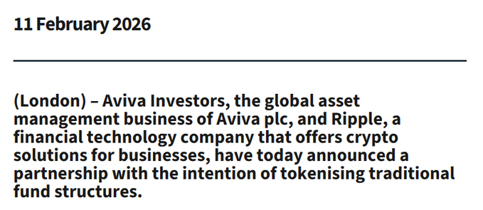 A news excerpt dated '11 February 2026' from London, announcing a partnership between Aviva Investors (Aviva plc) and Ripple to tokenise traditional fund structures.