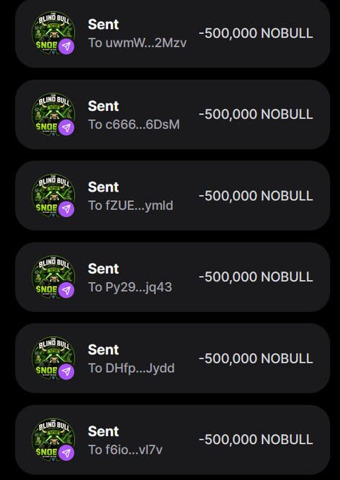 The image displays a series of six completed transactions, each showing "Sent -500,000 NOBULL" to different Solana wallet addresses (such as uwmW...2Mzv, c666...6DsM, and fZUE...ymld). This visually confirms the promotional post's claim that the $NOBULL airdrop is live, showcasing multiple wallet distributions of the Blind Bull token to early participants.
