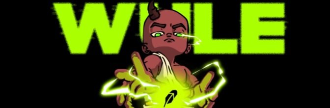 Animated graphic featuring a baby character with green eyes wearing a martial arts-style outfit, surrounded by green energy effects, with the text 'WOLF' in bright green letters in the background.