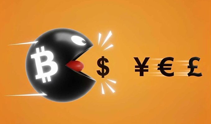A 3D illustration of a black Bitcoin coin styled like Pac-Man, appearing to chase or eat currency symbols ($, ¥, €, £) on an orange background.