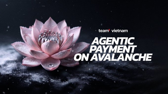 A promotional banner reading 'team1 vietnam AGENTIC PAYMENT ON AVALANCHE' featuring a pink lotus flower with a metallic sphere in its center against a dark, textured background.