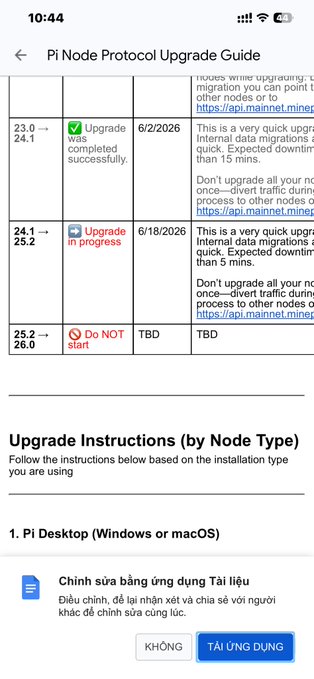 The image shows a "Pi Node Protocol Upgrade Guide" with version details (23.0 → 24.1 marked as completed, 24.1 → 25.2 in progress, and 25.2 → 26.0 not started), along with "Upgrade Instructions (by Node Type)" for Pi Desktop (Windows or macOS), relating to the Pi Network ecosystem mentioned in the post about future wealth from early adoption.