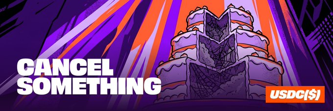 The image features a stylized illustration of a crumbling, purple-hued monument or structure set against a vibrant orange and purple background, with bold white text on the left reading "CANCEL SOMETHING" and a "USDC($)" logo in the bottom right corner.

The post's message about avoiding "shitcoin" scams and gambling mentality in favor of researching real-world utility projects aligns with the image's theme of cancel culture and market skepticism, while the USDC ticker suggests a counterpoint advocating for stable, value-backed investments over speculative hype.
