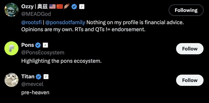 A screenshot of a Twitter/X post from @MEADGod addressing @rootsfi and @ponsdotfamily, stating "Nothing on my profile is financial advice. Opinions are my own. RTs and QTs != endorsement," alongside profile info for @PonsEcosystem ("Highlighting the pons ecosystem") and @mevcel ("pre-heaven"). The image relates to the accompanying post by showing the creators behind the $PONS ecosystem project that generated $40M in fees.