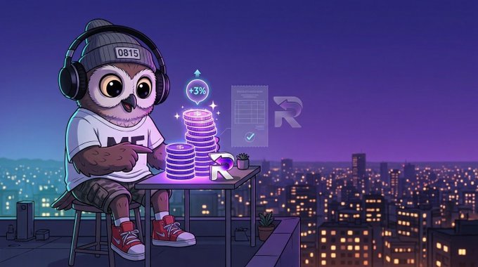 A cartoon owl wearing headphones, a beanie labeled “0815,” and an NFT shirt sits at a rooftop desk with glowing coin stacks, a floating “+3%” indicator, and a translucent document with an R-style logo.