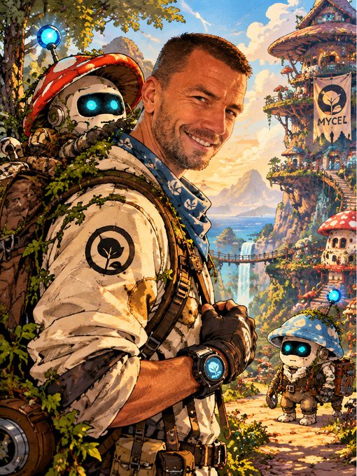 A fantasy-style digital artwork featuring a smiling man in a vest next to a small mushroom-capped robot character, with a magical treehouse village and 'MYCEL' banners in the background.