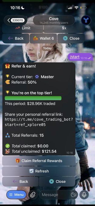 The image shows a Telegram bot interface for "Cove" trading with a referral program displaying Master tier status, 15 total referrals, $28.96K traded this period, and a referral link offering 50% commission with $121.54 unclaimed rewards. This appears to be a giveaway promotion where the user shares their personal referral link (https://t.me/cove_trading_bot?start=ref_xplore05) to attract new traders and earn referral rewards.