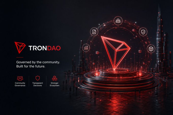 A TRON DAO promotional graphic featuring a glowing red Tron logo and text reading 'Governed by the community. Built for the future' along with icons for Community Governance, Transparent Decisions, and Stronger Ecosystem.