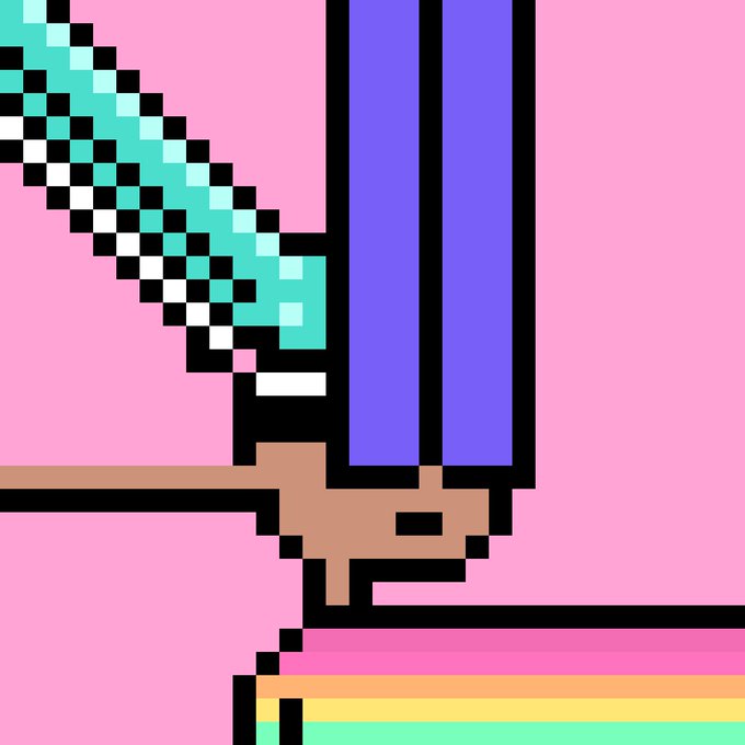 Pixel art illustration featuring a sword made of cyan and white pixels alongside a blue rectangle and pink background.