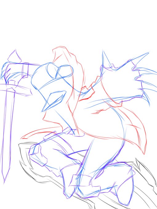 A digital sketch showing overlapping red, blue, and grey line art depicting what appears to be an armored figure or character design in progress.