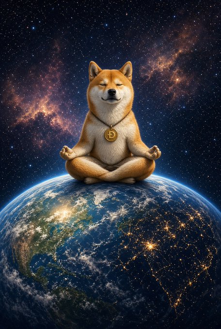 A Shiba Inu dog wearing a gold 'D' Dogecoin medallion meditates in a lotus pose atop planet Earth, set against a backdrop of space and the Milky Way.